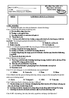 2 Đề kiểm tra cuối kỳ I môn Khoa học Lớp 5 - Năm học 2015-2016 - Trường TH Số 1 Ba Đồn (Có đáp án)